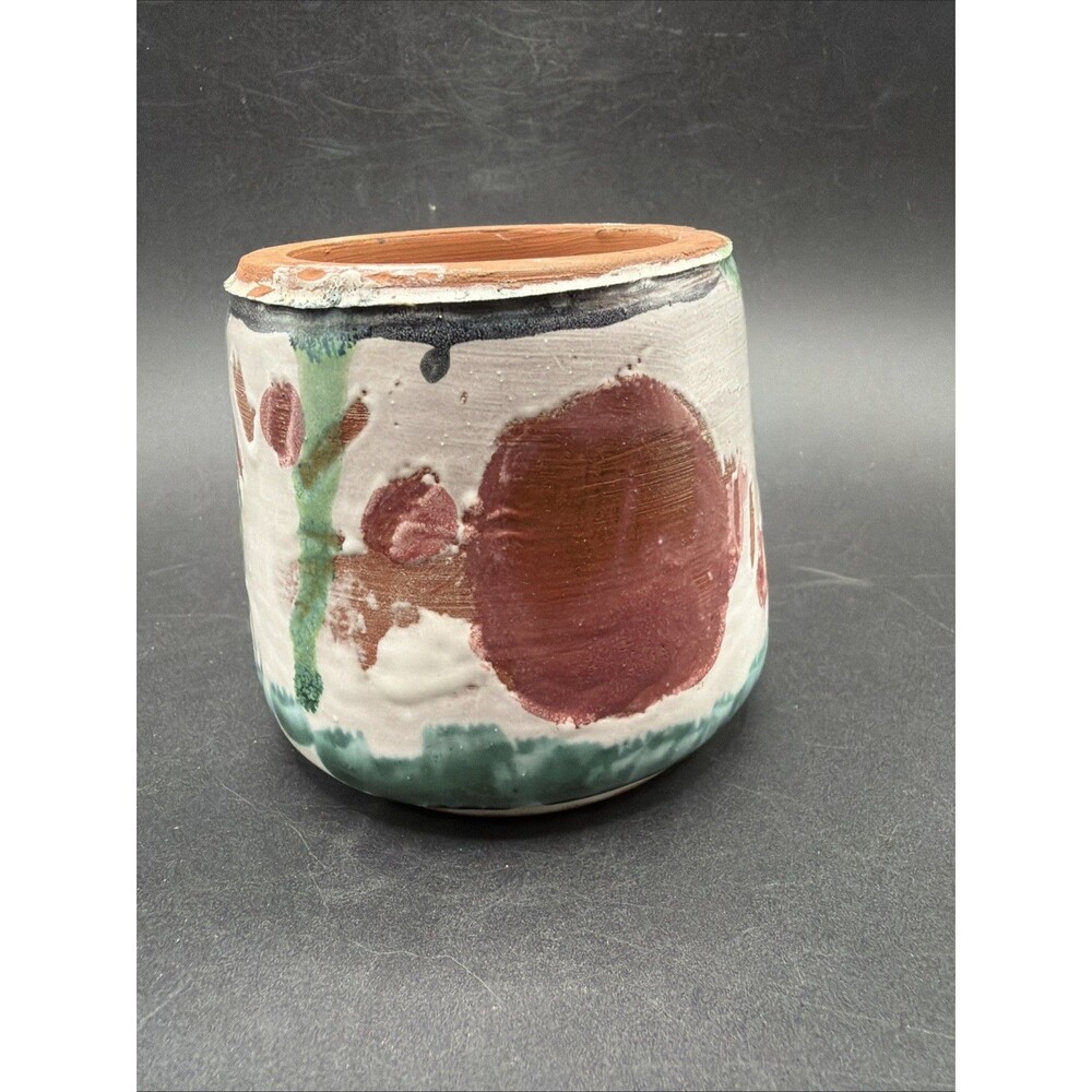 Art Pottery - Hand Painted - Floral Pattern Red Clay  Planter Glaze